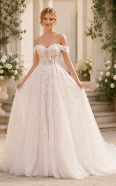 Lace Tulle Wedding Dress A-Line V-Neck Sleeveless Chapel Train Bridal Gown