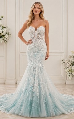 Mist Mermaid Sweetheart Tulle Lace Applique Sweep Elegant Bridal Wedding Dress