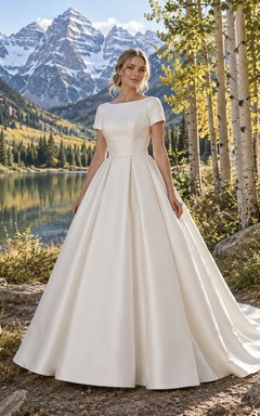 Vestido de novia sencillo de corte A, escote barco, manga corta, satén liso, largo hasta el suelo