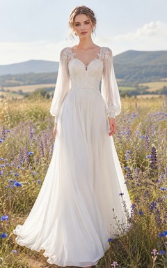 Brautkleid mit Illusion-Spitze, langen Ärmeln und A-Linien-Design