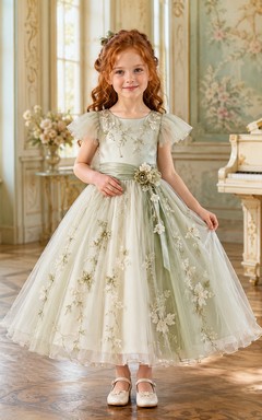 Sage Pleated Cap Sleeve Ankle-Length A-Line Flower Girl Dress with Botanical Embroidery, Floral Waist Cluster and Satin Back Bow