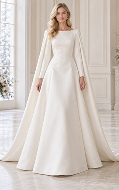 Simple Modest Long Sleeve Winter Bateau Neck Structured Cape A-line Wedding Dress