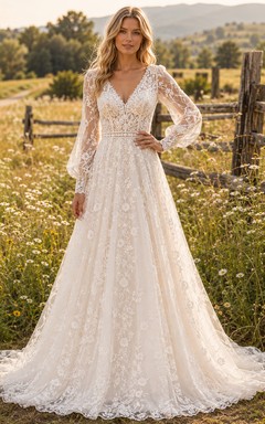 Robe de mariée champêtre en dentelle, coupe trapèze, col en V, manches longues, traîne chapelle