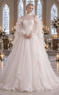 Vestido de novia romántico de corte A con cuello alto, manga larga, plisado y volantes, ideal para invierno.