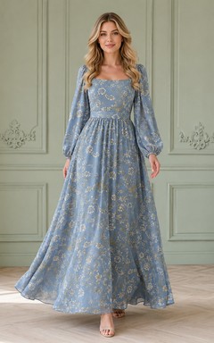 Blue Victorian Botanical Print Square Neck Long Sleeve Maxi Dress