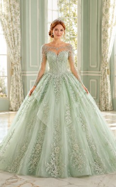 Sage Illusion Lace Tulle Quinceanera Ball Gown Dress