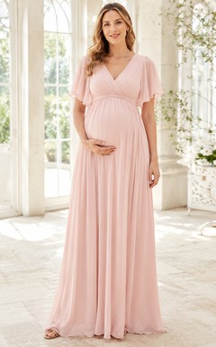 Blush Pink Maternity V Neck Flutter Sleeve Chiffon Floor Length Empire Dress