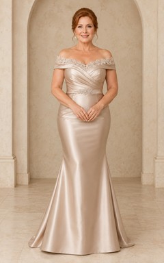 MOB-Kleid Champagner Satin Spitze Meerjungfrau Kurzarm Schulterfrei Bodenlang Gerafft