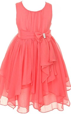 Sleeveless A-line Chiffon Dress With Ruchings and Bow