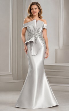 Silver Satin Off-the-shoulder Mermaid Floral Draped Floor-length Luxury Mother Dress