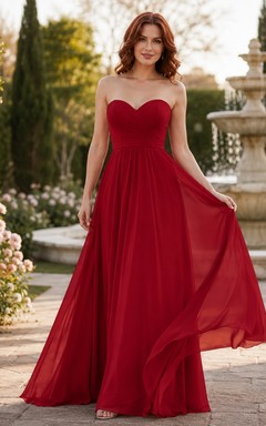 Rotes, trägerloses Chiffon-Abendkleid in A-Linie mit Herzausschnitt