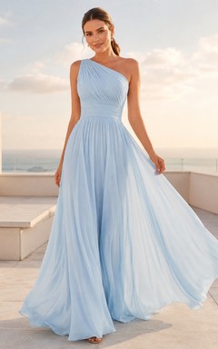 Baby Blue One-Shoulder Chiffon Flowing Prom Evening Dress