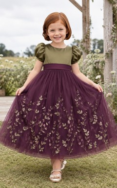 Flower Girl Dress A-Line Burgundy Olive Floral Tulle Puff Sleeve Party