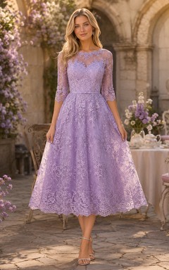 Vestido de fiesta romántico de encaje, largo hasta la rodilla, cuello alto y manga larga, color lavanda.