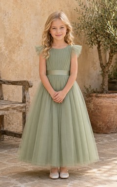 Vestido de niña de las flores, color salvia, tul, corte en A, mangas con volantes, cuello joya, largo hasta la rodilla, plisado.
