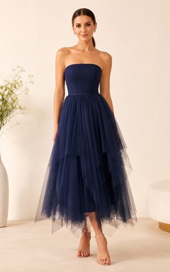 Dark Navy Strapless Tiered Asymmetrical Tulle Tea-Length A-Line Evening Dress