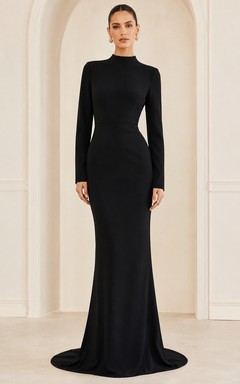 Robe de soirée en jersey noir, robe sirène à col montant et traîne froncée