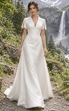 Vestido de novia sencillo de tafetán con escote en V y corte en A, manga corta