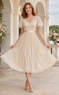 Cream Chiffon Lace V-Neck Cap Sleeve A-Line Tea-Length Romantic Guest Dress