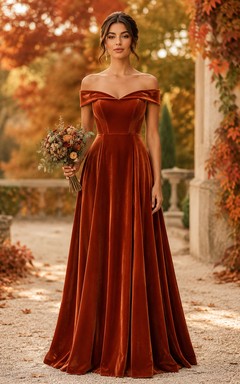 Papaya Velvet Off-the-shoulder A-Line Bridesmaid Dress