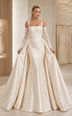 Robe de mariée sirène en satin à col carré et manches en dentelle, jupe amovible, de luxe