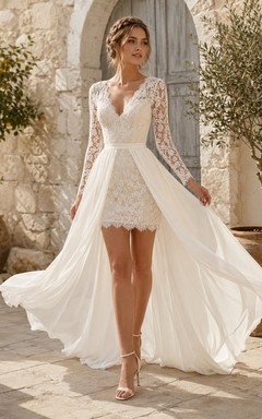 Bohemian Short V-Neck Long Lace Sleeve Detachable Romantic Wedding Dress