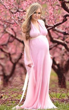 Chiffon A-line Sleeveless Plunging Neckline V-neck Dress