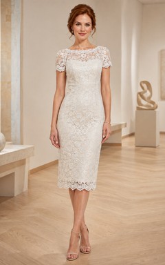 Ivory Bateau Sweetheart Illusion-Lace Cap-Sleeve Vintage Tea Cocktail Sheath Dress