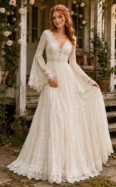 Brautkleid im Landhausstil mit gestuften Glockenärmeln und A-Linien-Schnitt aus Spitze