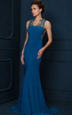 Sheath Maxi Sleeveless Jewel-Neck Beaded Jersey Evening Dress