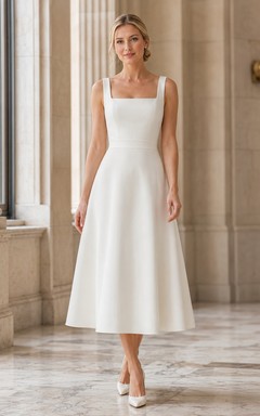 Robe de mariée civile simple en satin, longueur thé, col carré, sans manches, col carré, pour la mairie.