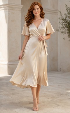 Champagne Flutter Sleeve Wrap V-Neck Satin Tea-Length A-Line Reception Guest Dress