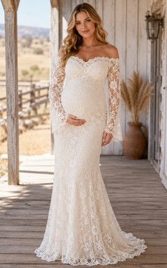 Robe de mariée sirène à épaules dénudées, manches longues en dentelle et traîne, style western, pour femme enceinte.