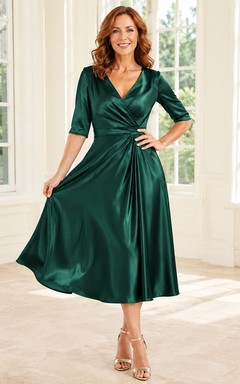 Emerald Green Mature Woman Satin Wrap Half Sleeve Tea Length A Line Dress