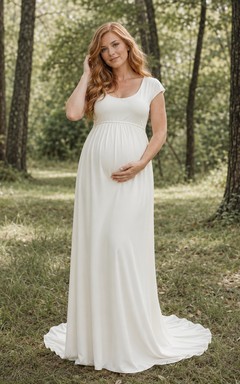 Vestido de novia sencillo de maternidad con escote redondo y mangas cortas, estilo bosque.