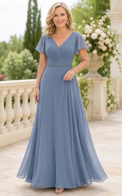 Stahlblaues Chiffon-Kleid in A-Linie mit V-Ausschnitt für Mütter