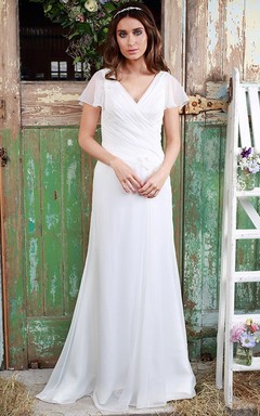 Sheath V-Neck Poet-Sleeve Chiffon Wedding Dress With Criss Cross
