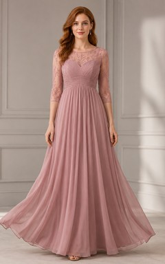 Abendkleid aus altrosafarbenem Chiffon und Spitze, A-Linie, Rundhalsausschnitt, lange Ärmel, bodenlang