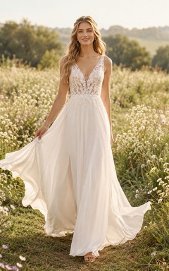 Plunging V Neck Lace Bodice Chiffon Meadow Bridal Gown