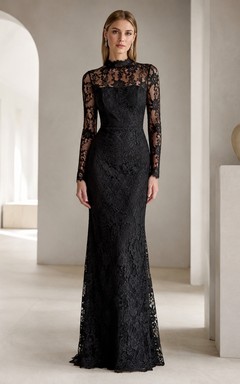 Black Lace High-Neck Long-Sleeve Sheath Floor-length Elegant Evening-Gown