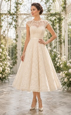 Vintage Teelänge, U-Boot-Ausschnitt, kurze Ärmel, Spitze, A-Linie, schlicht und elegant, Brautkleid