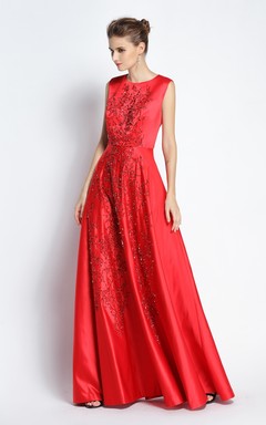 A-Linien-Abendkleid aus bodenlangem, juwelenfarbenem Satin, ärmellos und mit Perlenstickerei