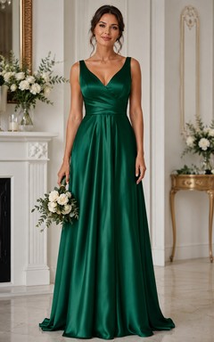 Dark Green Satin V-neck A-Line Bridesmaid Dress