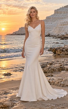 Vestido de novia sencillo de sirena con escote en V, sin mangas, espalda de satén y cola larga, de crepé.