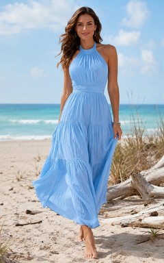 Robe de plage décontractée en mousseline bleu ciel, dos nu, sans manches, à volants et coupe trapèze, longueur cheville
