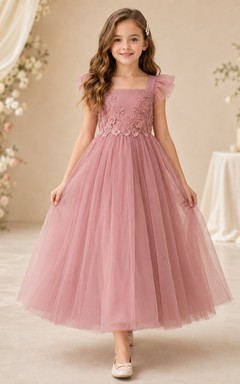 Bodenlanges Tüllkleid mit Spitzenoberteil, A-Linien-Schnitt, kurzen Ärmeln, Rundhalsausschnitt und bodenlangem Rock für Blumenmädchen.