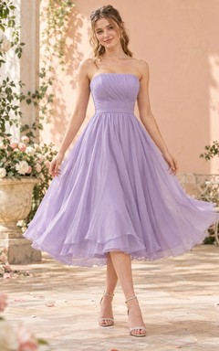 Vintage Teelanges lavendelfarbenes trägerloses Chiffon-Abendkleid mit gerafftem Oberteil und fließendem Schnitt
