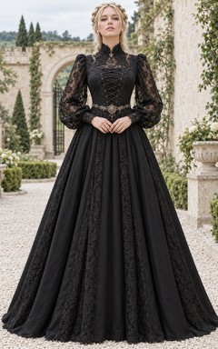 Robe gothique médiévale noire à col montant et manches longues en dentelle corset