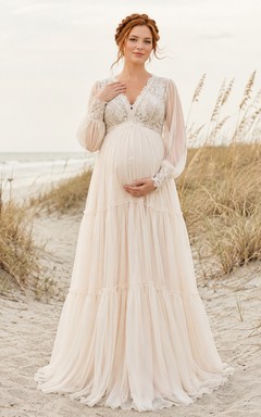 Boho-Umstandsbrautkleid, langärmelig, mit Spitzenoberteil, A-Linien-Schnitt und hohem Kragen