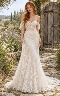 Boho Mermaid Off Shoulder Sweetheart Floral Lace Wedding Dress